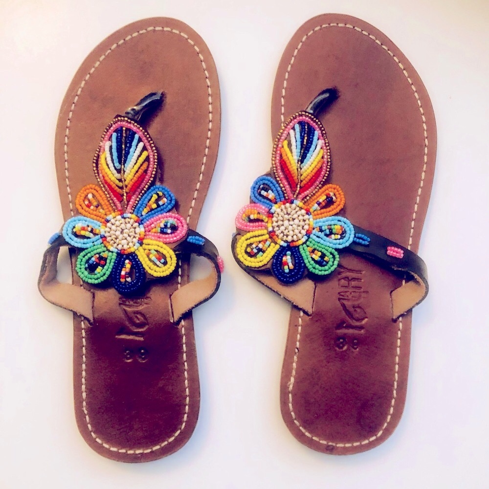Brown Leather Sandals with Colorful Beadwork